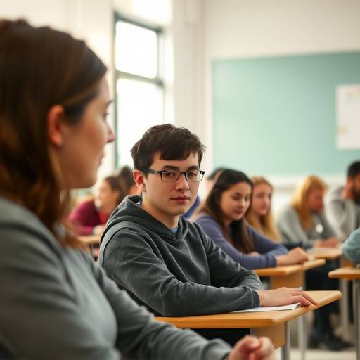 Alunos praticando exercícios de dicäão em grupo, com a professora corrigindo a pronüncia.