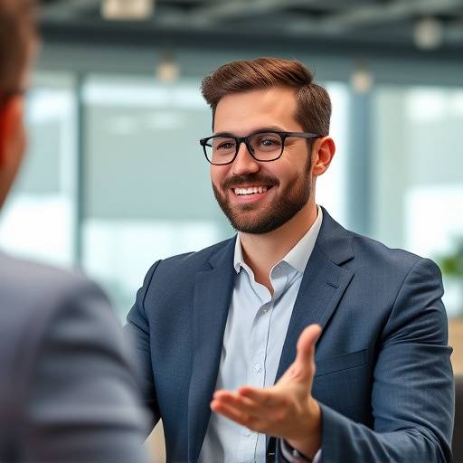 Homem sorrindo e gesticulando durante uma simulaäão de entrevista de emprego.