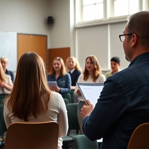 Participantes do curso de oratória apresentando seus discursos e recebendo feedback da instrutora.
