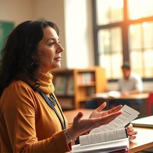 Professora Maria Clara explicando técnicas de dicäão durante uma aula em São Paulo.